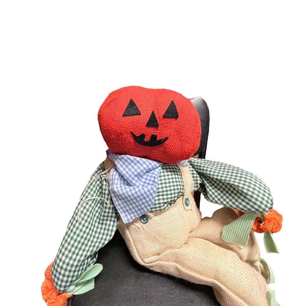Folk Art Pumpkin Doll Jack O’Lantern Handmade Burlap Wire Gingham Primitive